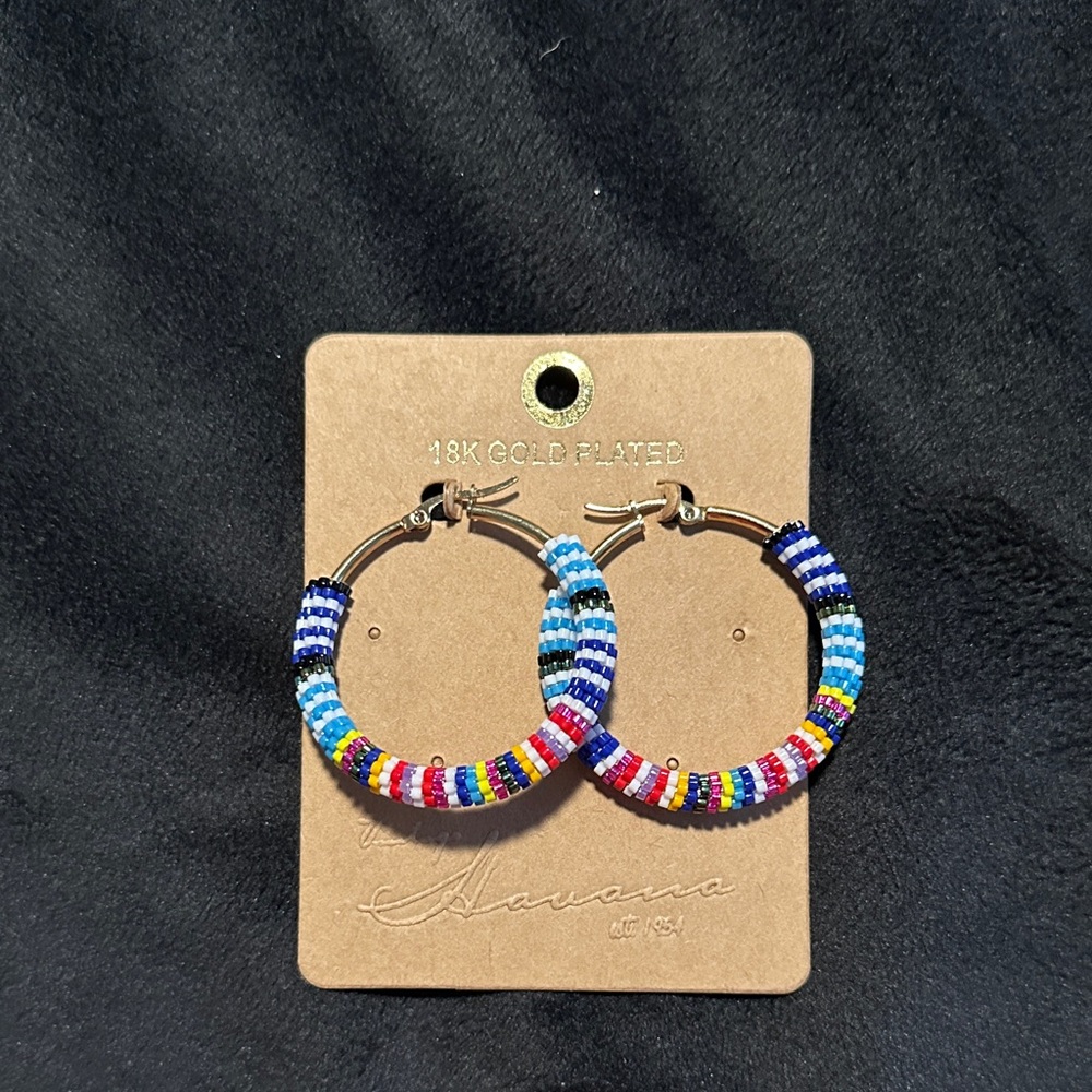 Vintage Havana Blue Multicolor Beaded Hoop Earrings